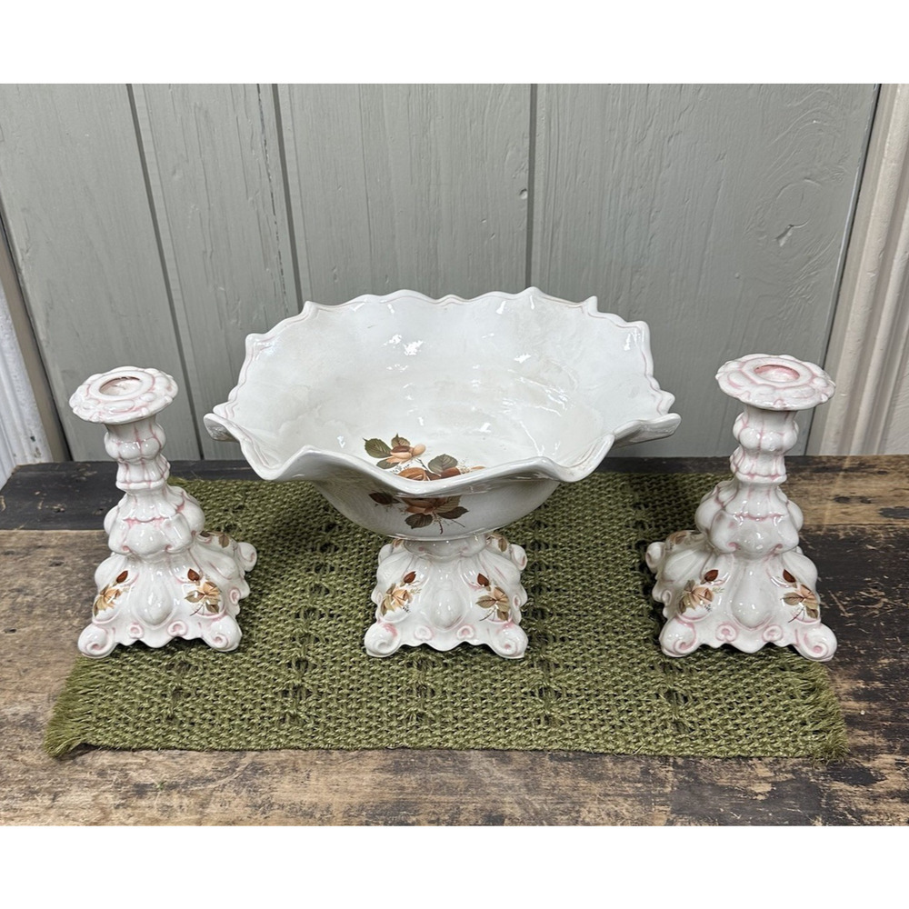 Vtg Holland Mold Floral Bowl & Candlestick Holders Ceramic 3 Pc Iridescent White